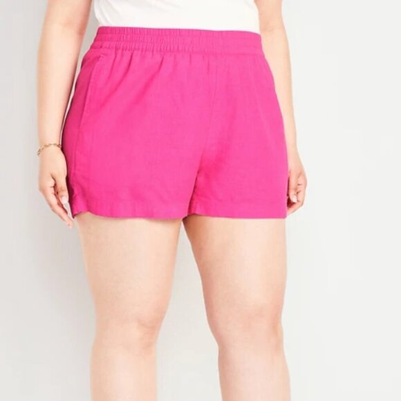 NEW Old Navy Women Linen Shorts 3X Hot Pink‎ High-Waisted Pull-On Coastal Beach - Picture 1 of 10
